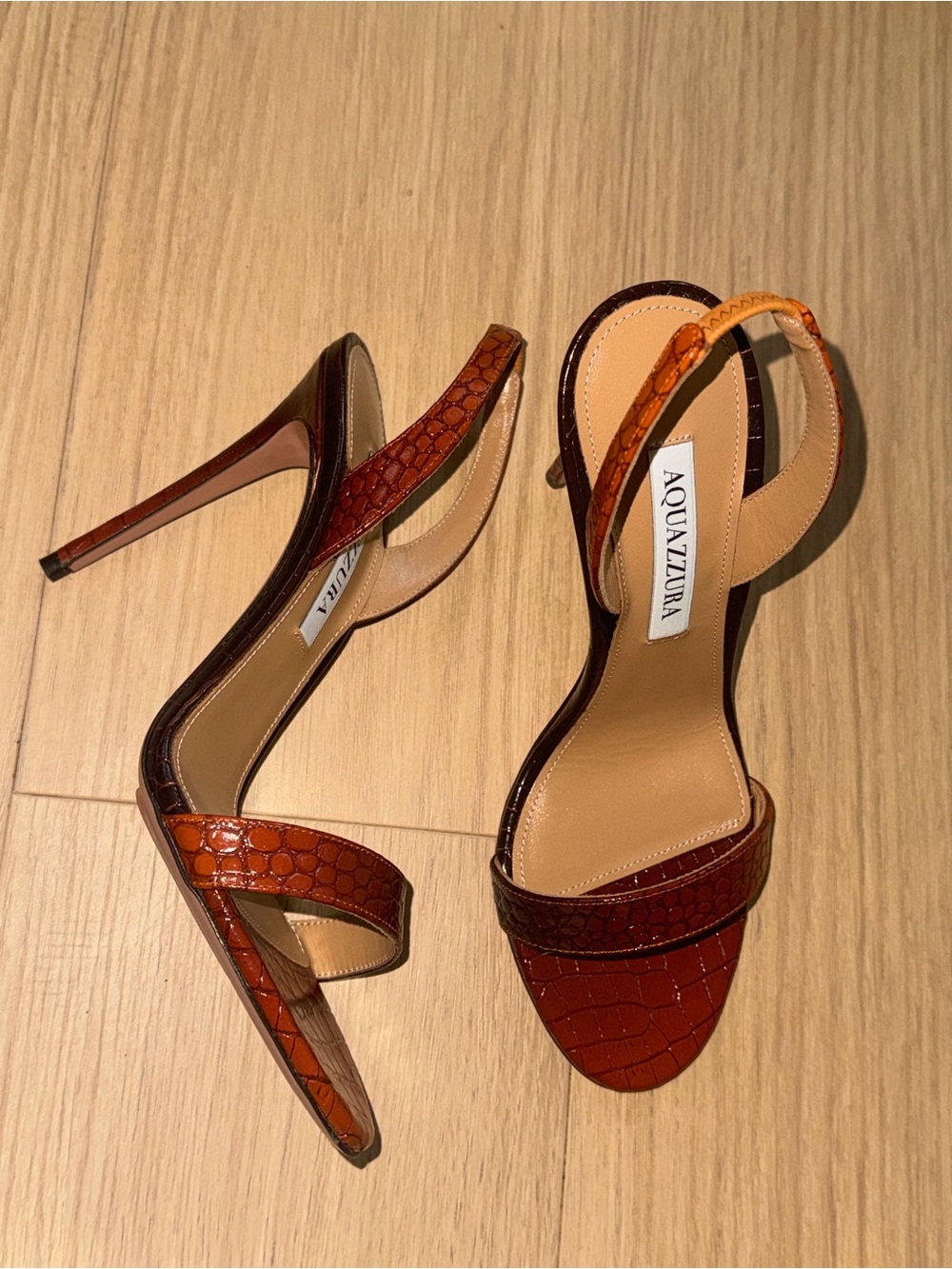 Aquazzura Croc-Embossed Leather Open-Toe High Heel Sandals in Brown